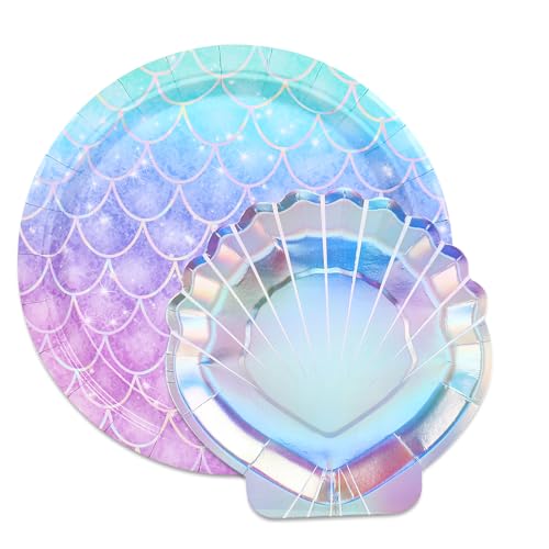 Whaline 50Pcs Mermaid Paper Plate Disposable Plates Holographic Iridescent Shell Mermaid Scale Appetizer Dessert Plates for Summer Under The Sea Birthday Party Supplies Table Decor