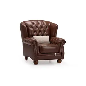 MTK WOOD PLAZA Lether Solid Wood Upholstered Arm Chair Wingback Chair Sofa Couch Sofabench High Back Wing Chair Cushioned Lounge Single Seater Chair for Living Room Bedroom Office. (Brown)
