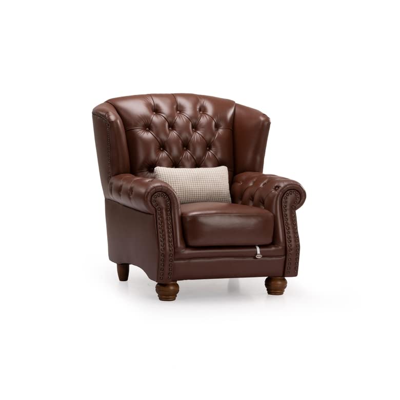 MTK WOOD PLAZA Lether Solid Wood Upholstered Arm Chair Wingback Chair Sofa Couch Sofabench High Back Wing Chair Cushioned Lounge Single Seater Chair for Living Room Bedroom Office. (Brown)-image-13