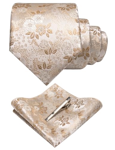 JEMYGINS Set Cravate Homme Motif Floral avec Pochette et Pince a Cravate pour Mariage Business et Ceremonie Champagne/Wallnussschale