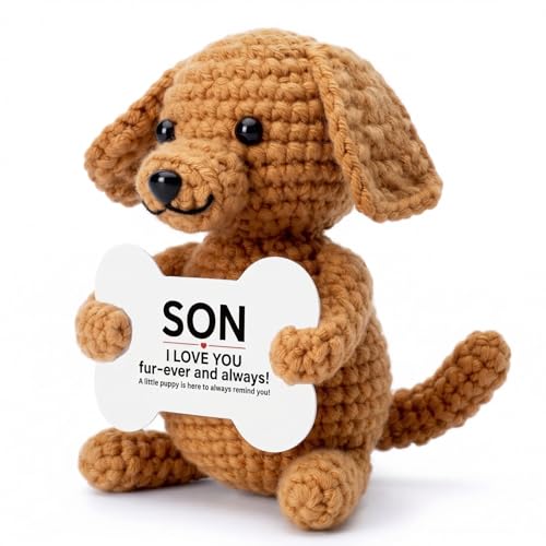 OHiZVZV Crochet Dog Son Gifts from Mom, Handmade Emotional Support Plush with Love Card, Positive Crochet Animals for Son Birthday for Son Dog Lovers