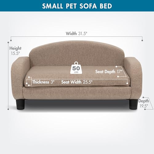 Paws & Purrs Cat Sofa Bed, Pet Couch for Indoor Cats Elevated Cat Beds with Removable Washable Mattress Cover for Kitten, Puppy or Small Animal- 31.5" Wide, Sand