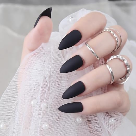 Image of Press On Nails for Women Fake Nails 24 Pcs Nail Extension kit Stick On Nails with Glue and Manicure Kit|Urban Cloud Polished Gloss Press On Nails | ABS Material UV Protected (Black - Long Stiletto)