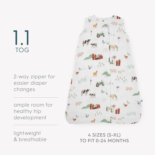 Image of Little Unicorn 12-18 Month Premium Muslin Sleep Sack 1.1 TOG | Soft & Breathable Muslin Cotton for safer sleep | 2 way zipper (Farmyard)