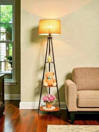 Image of Modern Wooden Shelf Floor Lamp with Fabric Shade | 3-Tier Storage Stand Lamp for Living Room, Bedroom & Home Decor
