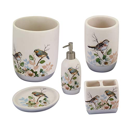 Avanti Linens Love Nest 5 Piece Bath Accessory Set-Multicolor Tumbler, Toothbrush Holder, Soap Dish, Loption Pump, Wastebasket