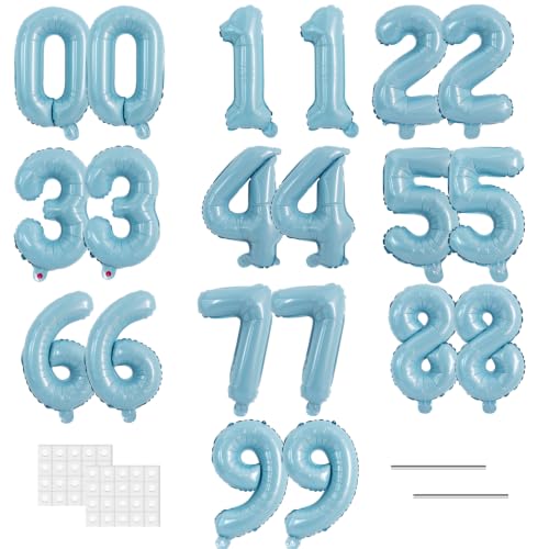 Image of TONIFUL 2 Set Light Blue Number Balloons 16 Inch 0-9 Mylar Foil Balloons 20 Pcs Small Custom Digital Ballons for Boys Birthday Baby Boy Shower Graduation Anniversary Ocean Party Decorations