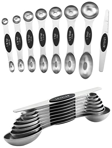 Spring Chef Stainless Steel Magnetic Measuring Spoons Set of 8 with Leveler, Dual Sided Metal Teaspoon & Tablespoon Measuring Spoons, Nesting Kitchen Gadgets for Baking & Cooking - 2 Pack - Black