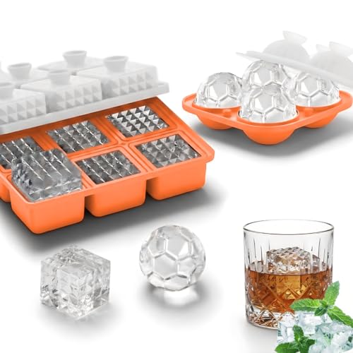 Image of Premium Combo of Large 3D Crystal Square Ice Cube Tray & Football Shaped Silicone Molds for Chilling Drinks, Chocolates, Juice, Jelly and Many More. Pack of 2 (Orange)