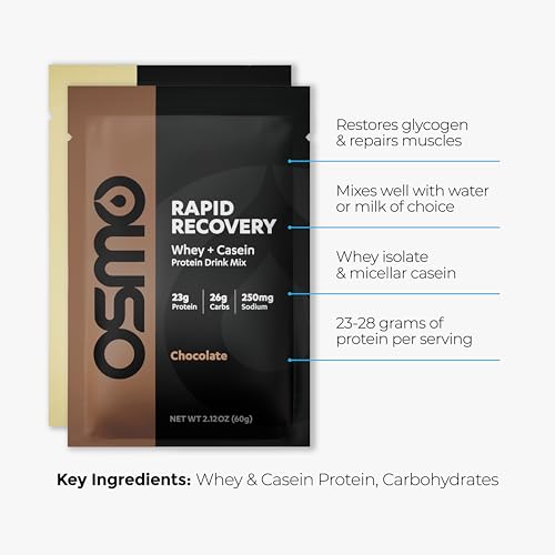 Image of Osmo Rapid Recovery - Whey & Micellar Casein Protein Powder Blend with Carbohydrates & Caffeine, All Natural Ingredients, Enables Muscle Repair & Boosts Glycogen Restoration - Combo Pack, 8 Servings