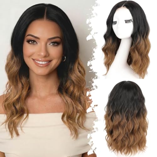 Image of Eawwii Wigs for Women Ombre Brown,Short Wavy Synthetic Lace Wig 18 Inch