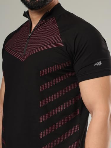 Image of GROW Stylish Aeroflex Zip T Shirt for Men Workout | Cotton and Spandex Quarter Zip Back Printed Collar T-Shirts for Men Half Sleeves