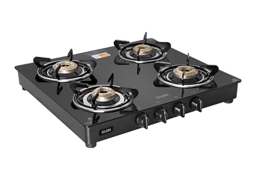 Glen PNG Gas Stove 4 Burner | Toughened Glass Top Manual Gas Stoves | Brass Burners | Black | ISI...