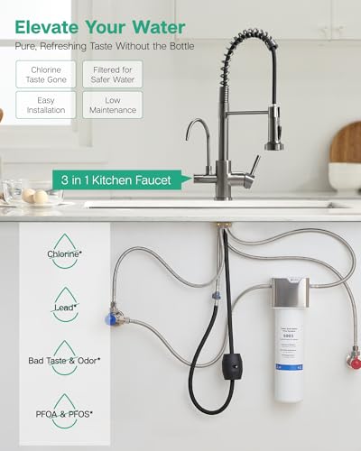 Image of GIMILI 3 in 1 Kitchen Faucet with Pull Down Sprayer Black Stainless Two Handle Kitchen Sink Faucet with Under Sink Water Filter System Reduces PFAS, PFOA /PFOS, Lead, Chlorine, Bad Taste & Odor