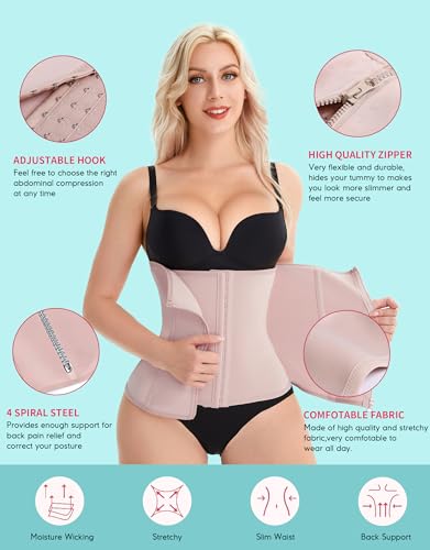 LODAY Waist Trainer Corset for Women Tummy Control Sport Workout Body Shaper Beige (S, Beige(Zip and Hooks))