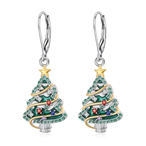 Boucles d'oreilles arbre de Noël en argent 925 avec fermoir levier pour femme