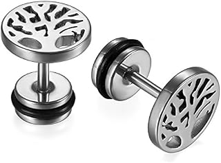 JewelryWe Men's Womens Stud Earrings 9MM Stainless Steel Tree of Life Ear Studs