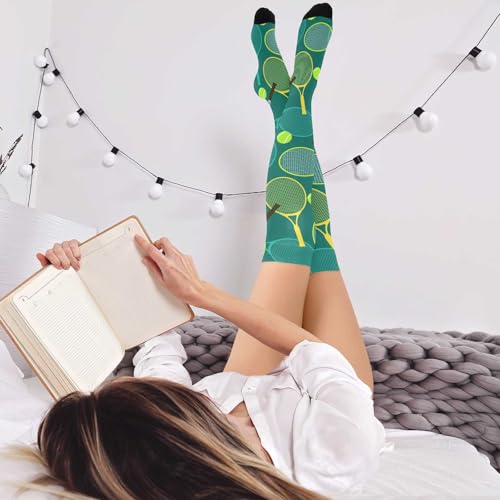 Image of Colourful Tennis Racquets and Tennis Balls Women's Thigh High Socks Long Over Knee Socks Thick Leg Warm Boot Stockings