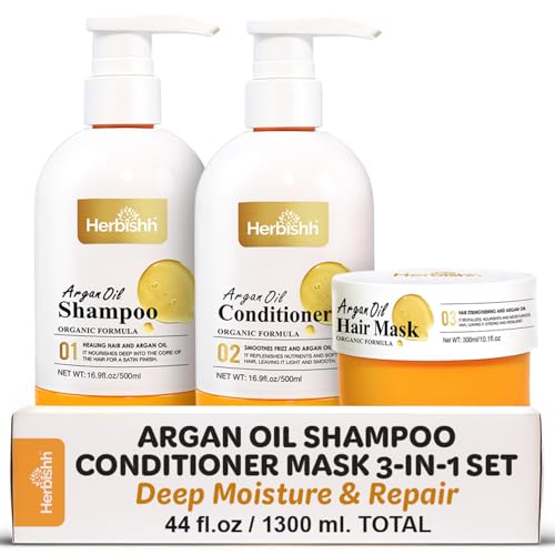 Herbishh Moroccan Argan Oil Shampoo and Conditioner Set with Hair Mask, Moisturizing & Deep Cleansing Kit For Dry, Damaged, Frizzy Hair, Color Safe & UV Protection 16.9fl.oz + 16.9fl.oz + 10.1 fl.oz