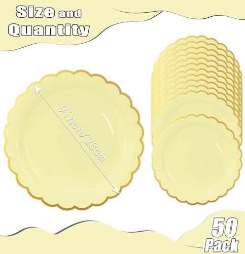 Image of HEIPINIUYE 50 Pieces Yellow Paper Plates with Gold Foil 9 Inch Disposable Yellow Scalloped Dinner Plates for Wedding Baby Shower Birthday Party