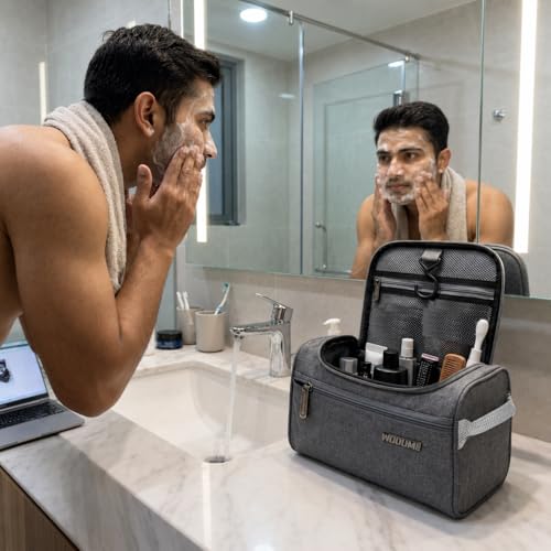 Image of Wooum Travel Toiletry Bag for Men | Water-Resistant Bathroom Organizer with Hook | Compact Khadi Fabric Dopp Kit with Zipper & Mesh Pockets - Ideal for Travel, Gym & Daily Use (Tgrey)