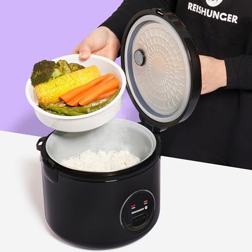 REISHUNGER Reiskocher & Dampfgarer mit Keramikbeschichtung, Schwarz, 1,8L - bis zu 10 Portionen - Schnelle Zubereitung ohne Anbrennen - Mit Warmhaltefunktion inkl. Dämpfeinsatz, Löffel & Messbecher