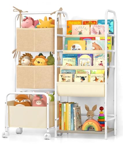 Bikoney Libreria Infantil, 4 Niveles Estantería Infantil con Juguete Organizador,Estanteria Libros Infantil con Carro de Almacenamiento Estanteria Montessori para Juguetes y Libros