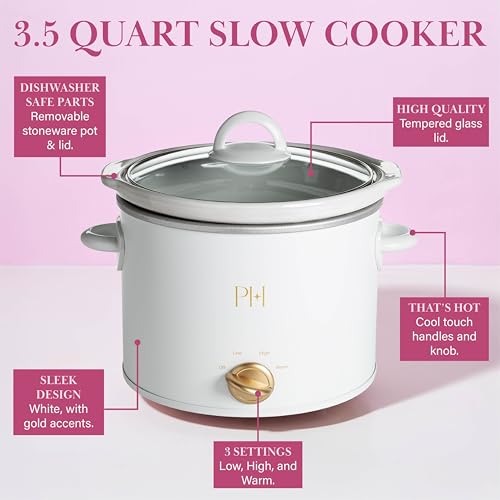 Image of Paris Hilton 3.5-Quart Manual Slow Cooker, Naturally Nonstick Stoneware Ceramic Insert, Three Settings (Low, High, Warm), Dishwasher Safe Family Size Slow Cooker, White