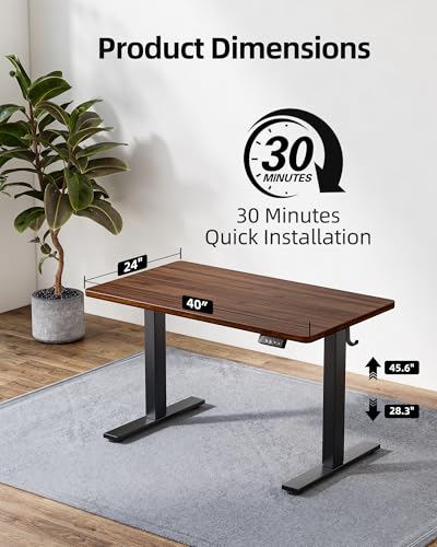 Image of TIQLAB Height Adjustable Electric Standing Desk, 40 x 24 inch, Sit Stand Up Desk, Splice Board, Computer Home Office Desk, Black Walnut Top