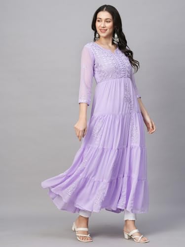 Image of RATAN Women's Solid Georgette Tiered Chikankari Flared Kurti Gown Maxi Dress