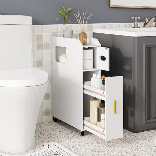 COSTWAY Armario Auxiliar de Baño con Ruedas Bloqueables, Mueble de Baño Estrecho con Cajón Deslizante, Caja de Pañuelos, Soporte para Cepillo de Inodoro para Cocina Salón, 50 x 16 x 69 cm (Blanco) - imagen 2