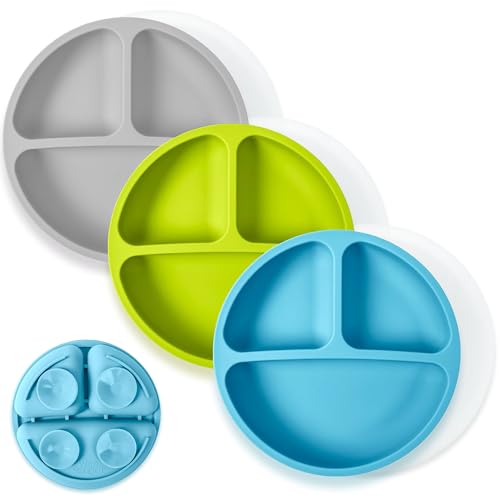 Image of WeeSprout Suction Plates with Lids for Babies & Toddlers - 100% Silicone, Dinnerware Stays Put, Divided Design for Picky Eaters, Microwave & Dishwasher Friendly, 3 Pack