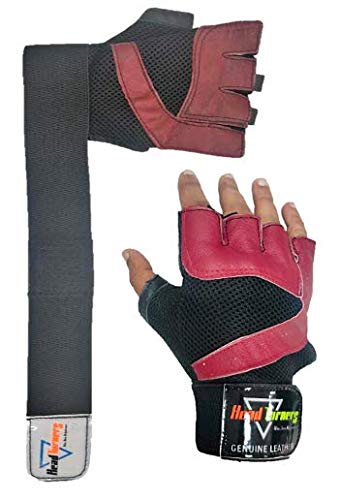 HeadTurners Leather Gym Gloves for Gym, Weightlifting, Exercise, Cycling, Biking, Football Goal Keeping and Other Sports with Wrist wrap Support- Foam Padded for Men and Women Red-Black