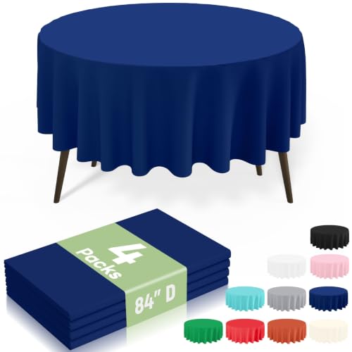 Image of misaya 4 Packs Disposable Plastic Table Cloth, 84 inch Round Waterproof Tablecloth, Leakproof & Sturdy Decorative Table Covers for Picnic, Party, Outdoor and Back to School, Navy