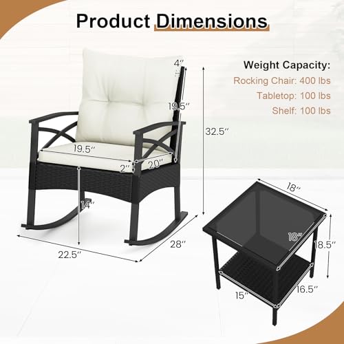 Image of Tangkula 3 Pieces Wicker Outdoor Rocking Chairs Set | Heavy Duty | Cushioned | Rattan Rocker Bistro Set w / 2-Tier Tempered Glass Coffee Table for Garden, Balcony, Backyard
