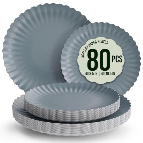 Trendables Floral Paper Plates 8.5 Inch & 10.5 Inch 80 Pcs Dinner Plate Set Fancy Disposable Plates for Party for 40 Guests 40 X 8 & 40 X 10 Large & Small Paper Plate Set for Parties Slate Blue