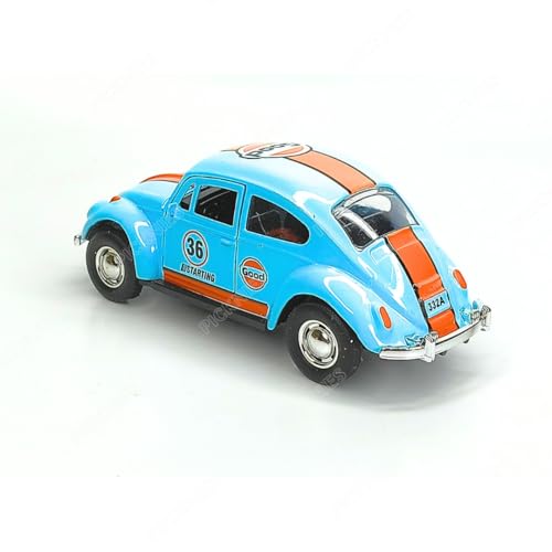 Image of Classic Vintage VW Beetle Diecast Metal Pullback Toy car with Openable Doors for Kids | 1:36 Scale Model | Pull Back | Gift for Boys Girls (Blue with Stripes)