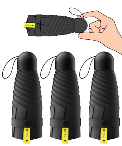 3 Pack Travel Mini Umbrella Small Compact Portable Umbrella with UV Protection UPF 50+ Rainproof & Sunproof Folding Umbrella Backpack & Pocket-Friendly Suitable for Kids Women & Men (Black)