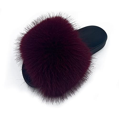 Image of Women's Faux Fur Slides Slippers Fluffy Fuzzy Sandals Open Toe Furry Slide Flip Flop Indoor Outdoor