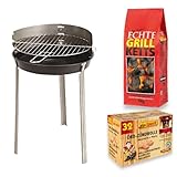 Rundgrill mit Windschutz Ø 34 cm + Grill Holz Kohle 3kg + Öko-Zündwolle 32 stk. | SET-Angebot Grillabende im Freien, für Balkon und Camping, kompaktes Design, für Grillfans