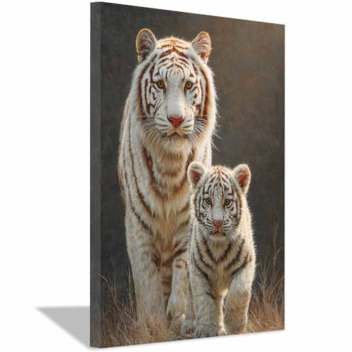 Toile tigre blanc encadrée pour habiller un grand mur vide de salon