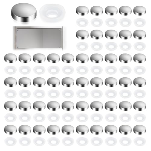 Kasoud Lot de 50 capuchons de vis argentés ronds en plastique avec revêtement chromé, décoratifs pour miroir et toilettes