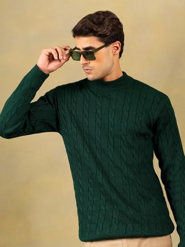 Image of Kvetoo Men's High Neck Cable Knit Sweater | Winter Pullover | Warm Wool Blend |Casual Full Sleeve Sweater for Men | Stylish Ribbed Neck Slim Fit Winterwear