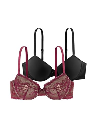Dorina Damen Chloe Zwei-Teiliges Demi-BH Set – Mit Bügel, Leicht Gepolstert, Florale Spitze & Weiches Mikrogewebe, Verstellbare Träger, Rot und Schwarz