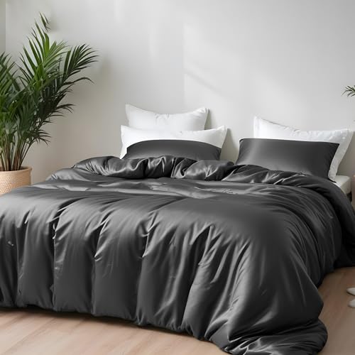 LINENWALAS 100% Natural Bamboo 3-Piece Duvet Cover Set with Zipper and Corner Ties- Softest Cool Bedding Perfect for Skincare (Double, Grey)