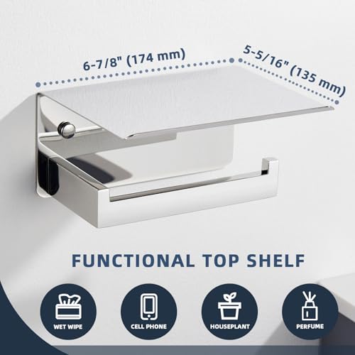 Image of Angle Simple Toilet Paper Holder with Shelf, Polished Chrome | SUS304 Stainless Steel Toilet Tissue Roll Holder, Fit Most Rolls, Extra Shelf for Storing Phones Wet Wipes, Screw Wall Mount
