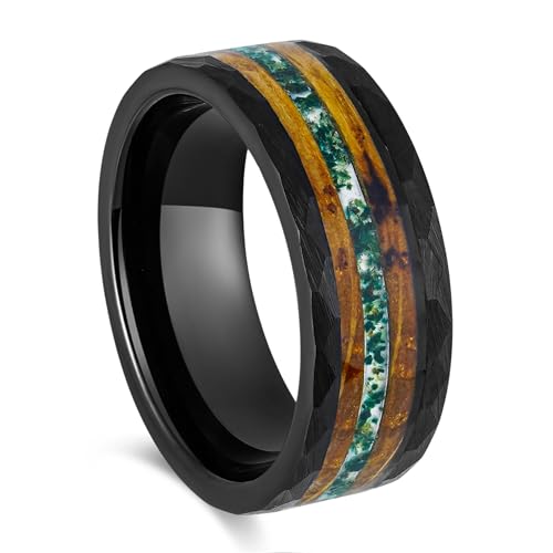 Men's Wedding Ring 8mm Black Hammered Tungsten Green Moss Agate & Charred Whiskey Barrel Wood Inlay – Comfort Fit Mens Wedding Band with Antique Wooden Ring Box