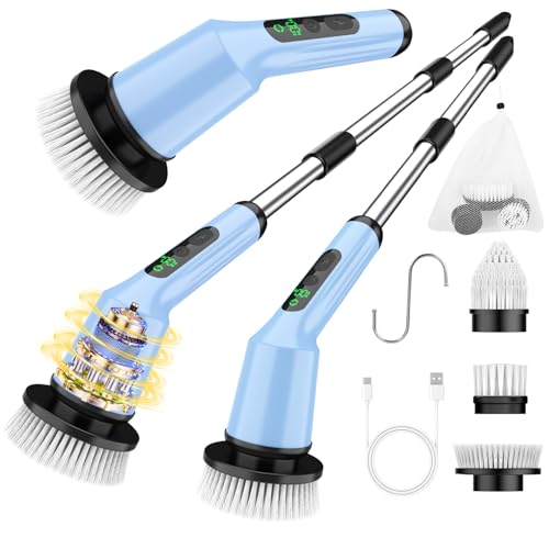 Image of Electric Spin Scrubber for Cleaning Bathroom, Shower Scrubber Cordless Cleaning Brush with IPX7 Waterproof & 2 Speed, 3 Brush Heads, Bathroom Cleaning Supplies for Shower Tub Kitchen Tile Toilet Sky