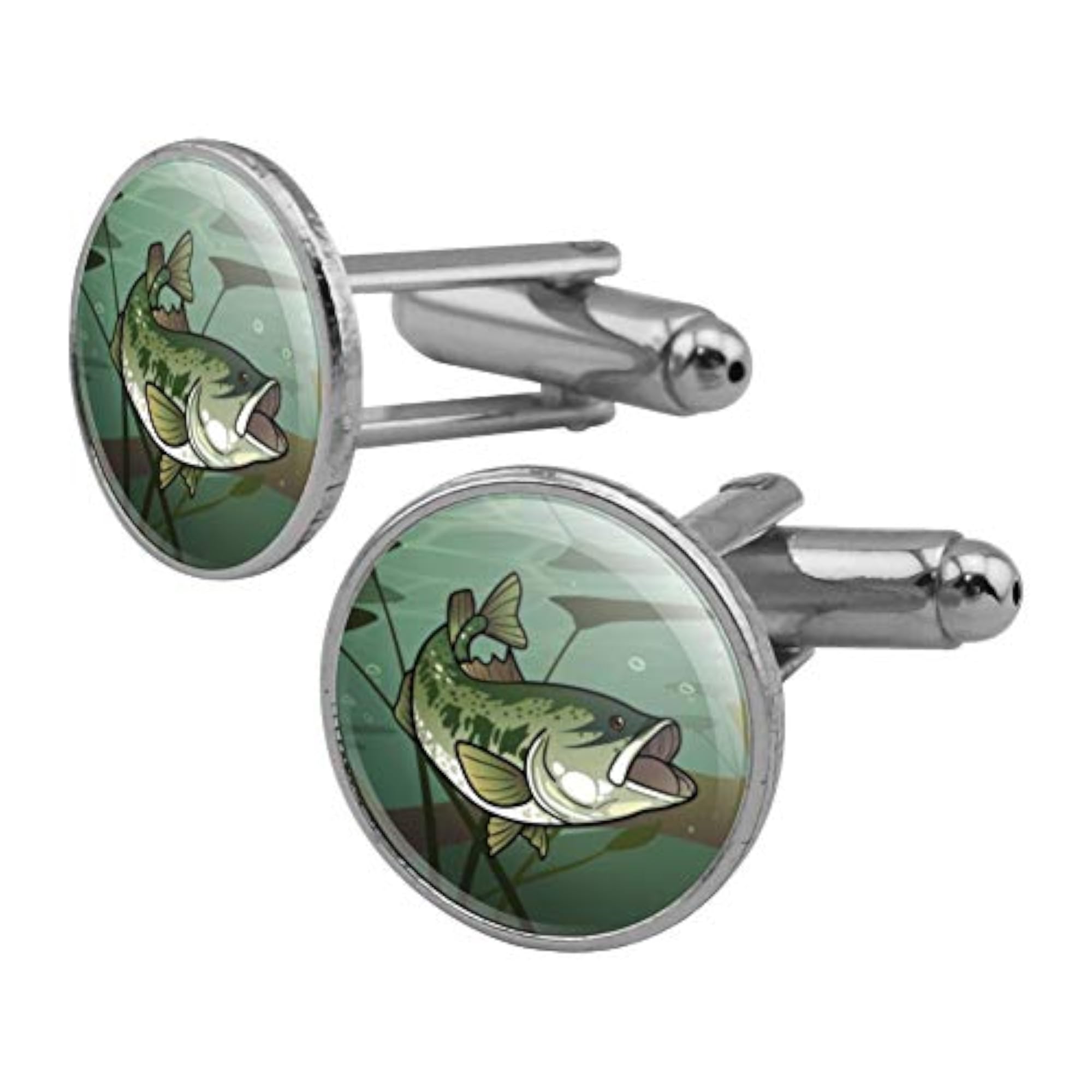 Bass Fish Swimming in River Round Cufflink Set Silver Color, Gift for Him