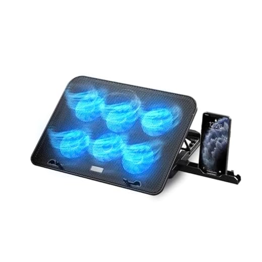NK Base Refrigeradora Portátil - Ventilador Ordenador Portatil de 12-17" con Soporte Ajustable 5 Alturas, 6 Ventiladores Silenciosos, 2 Puertos USB, Refrigeración Rápida, Luz LED Azul - Color Negro